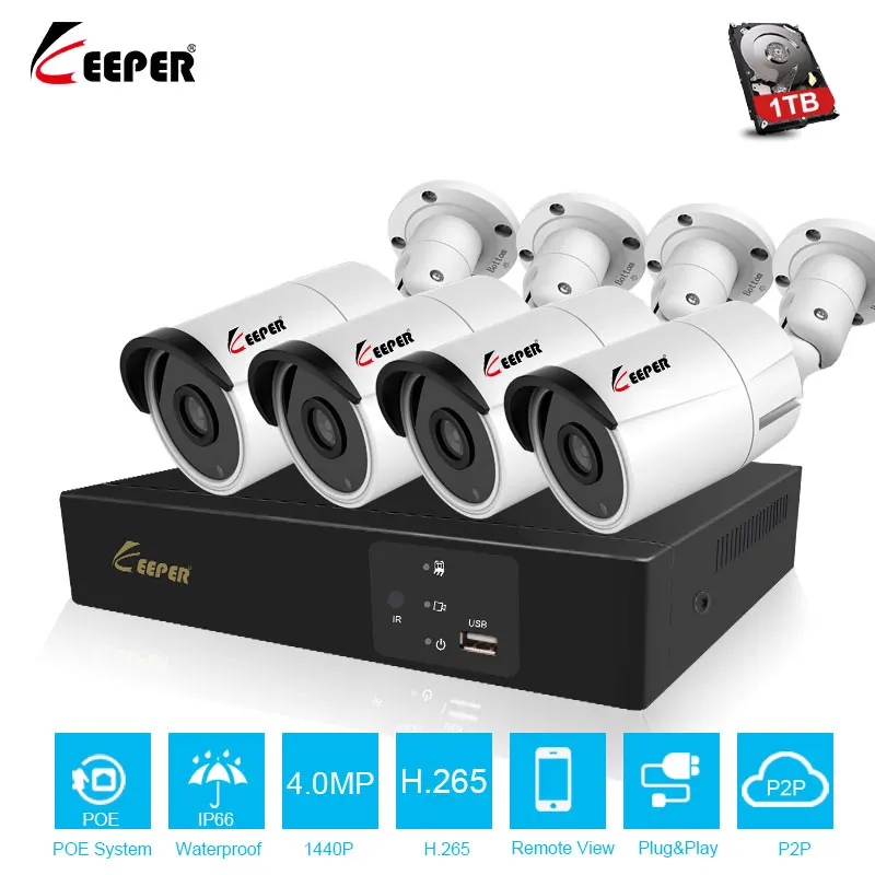 

H.265 4CH 4MP POE NVR CCTV System 4PCS Outdoor Waterproof PoE IP Camera Kit P2P Cloud Onvif Email Alert Surveillance System