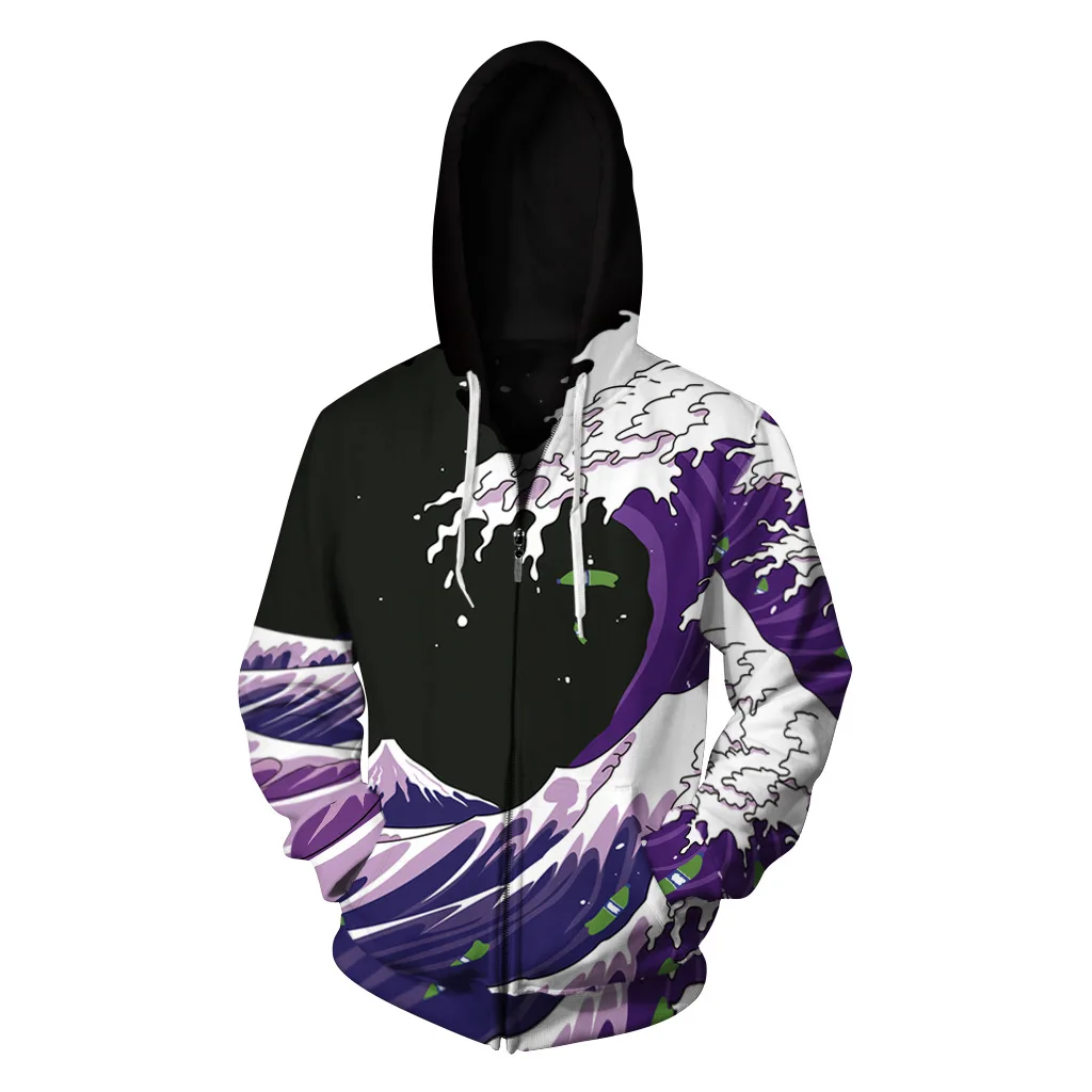 New Zipper fleece Hoodies Harajuku Style Sea Wave Men Women O Neck