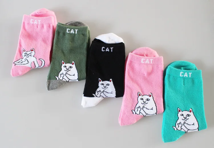 Брендовые элегантные креативные женские носки с котом, милые женские хлопковые носки с рисунком, забавные носки с котом на среднем пальце