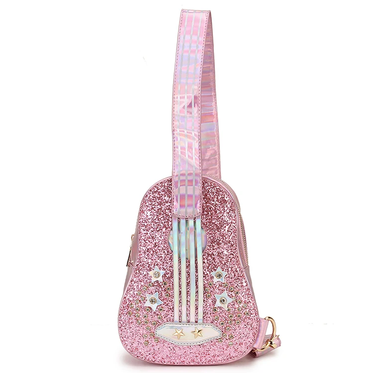Модная гитара Стиль розово-серебристые, лазерные со стразами из искусственной кожи для молодой девушки, сумка на плечо, сумка через плечо, Повседневная нагрудная Сумка-тоут сумка с клапаном - Цвет: Розовый