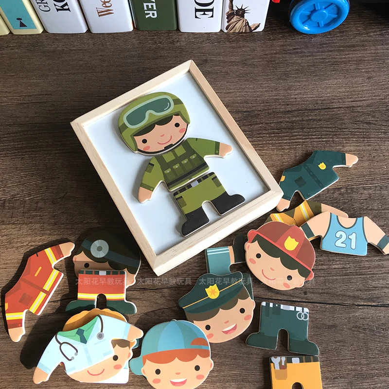 

Candywood 2 style Wooden Magnetic Puzzle Set Cartoon people Doctors bear Change Clothes Educational Puzzle box toys for children