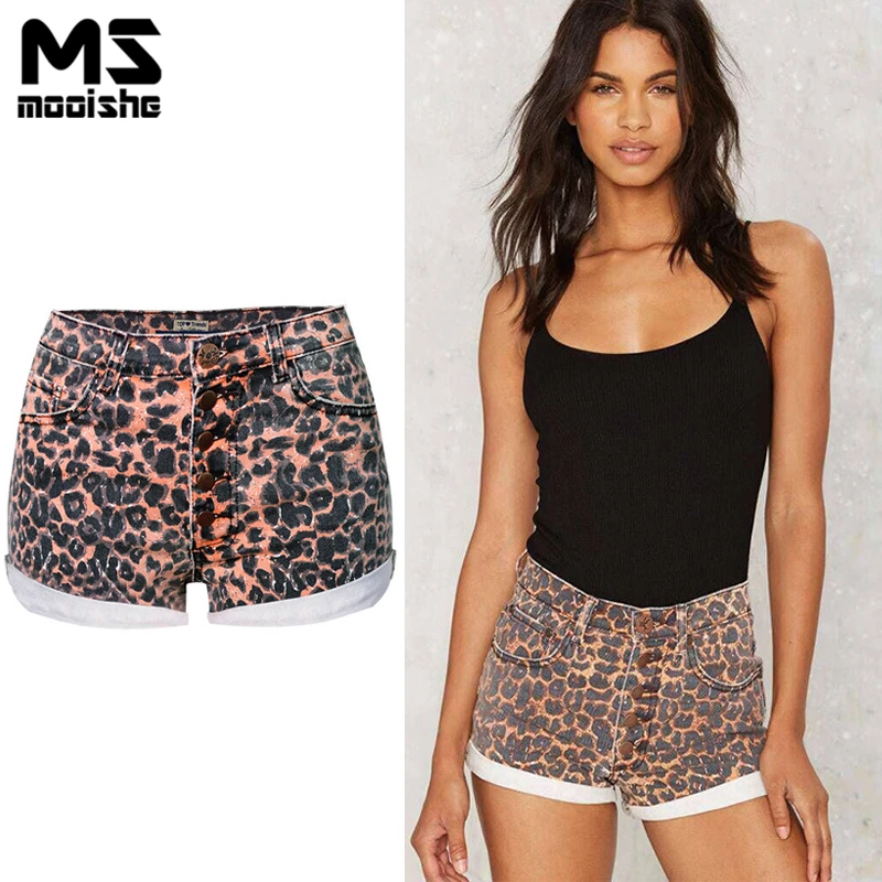 Mooishe Summer Leopard High Waisted Jean Shorts For Women Single breasted Cuffs Sexy Denim Shorts