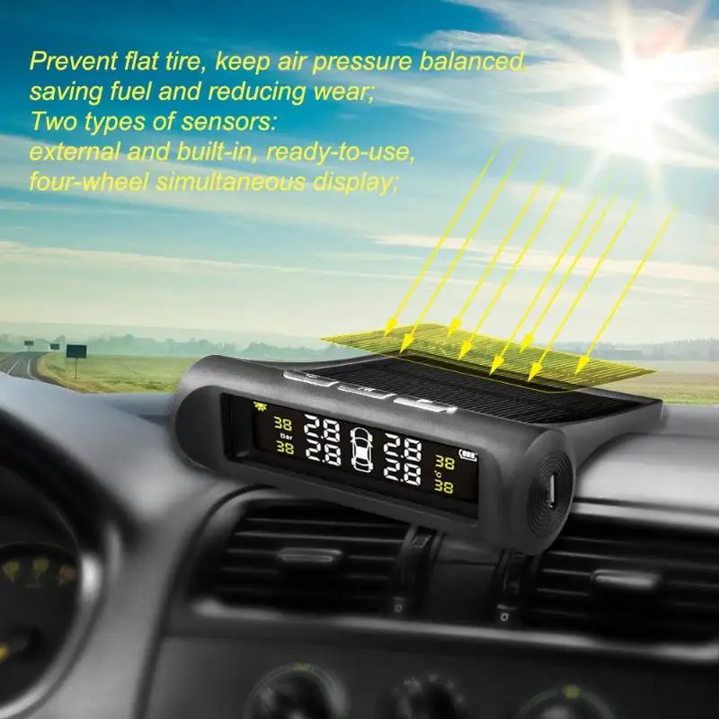 VODOOL Solar Power Smart Wireless TPMS Car Tire Pressure Monitoring System LCD Digital Display Temperature Warning Alarm System