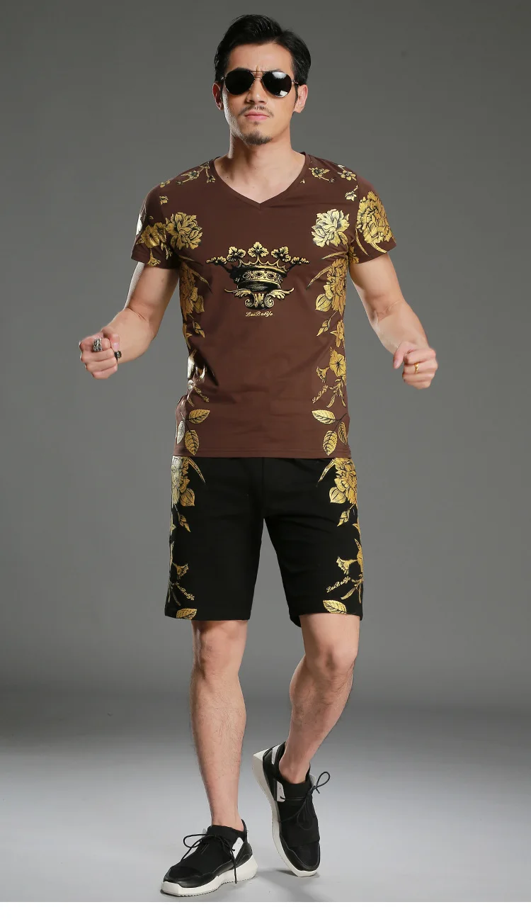 Летние шорты комплекты футболка с коротким комплект из 2 предметов с цветочным принтом спортивный костюм Для мужчин Повседневное футболка