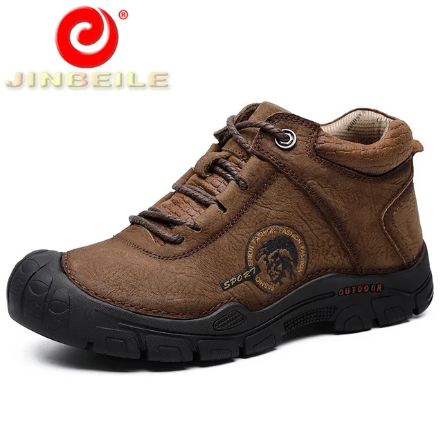JINBEILE Genuine Leather Men Hiking Shoes Anti-collision Toe Outdoor Sport Shoes Men Slip Resistant Big Size Sneakers Men 38-46