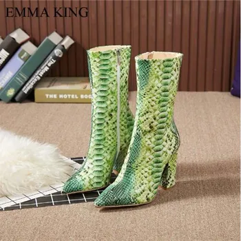 

2019 Autumn Hot Sale Zapatos De Mujer Mid-Calf Boots Women Zipper Snake Ladies Shoes Square High Heels Pointed Toe Shoes Woman