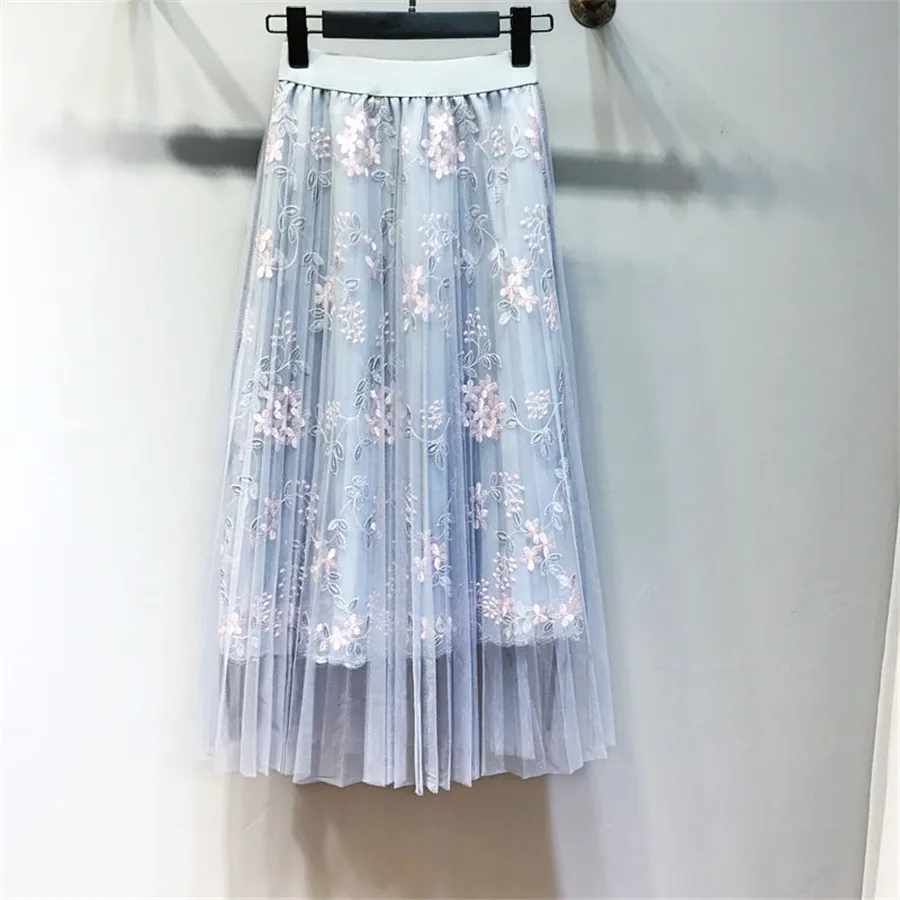 Вышитая Тюлевая юбка винтажная полупрозрачная ткань с высокой талией плиссированная юбка миди для женщин Женская Корейская линия Jupe Saias