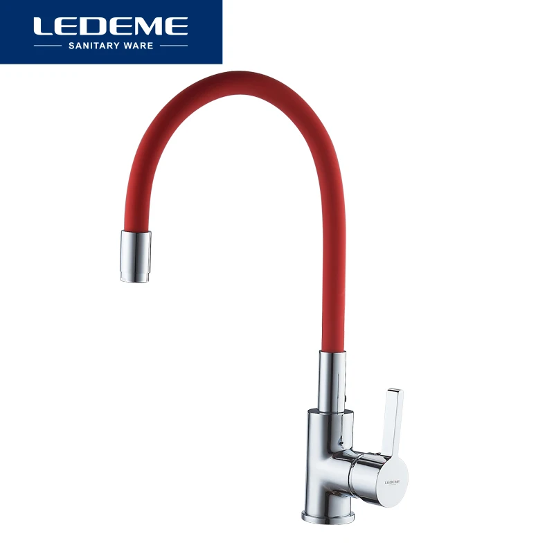 LEDEME Смеситель для кухни с силиконовым изливом латунь Цвет: хром+красный L4898 1|kitchen