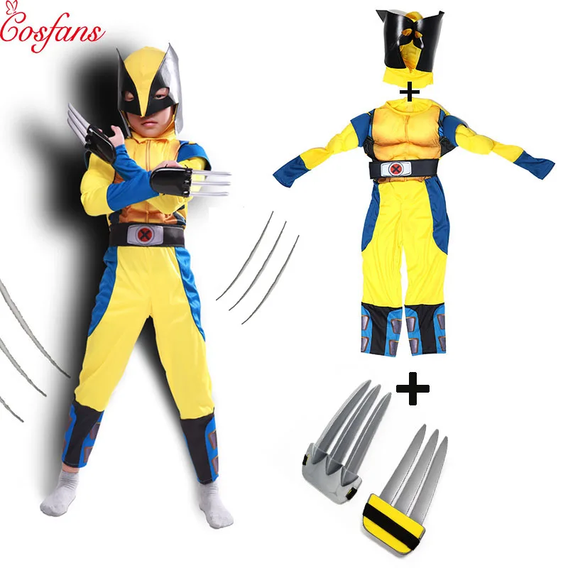 

New Halloween Boy Avengers Wolverine Suit Kids Clothes Cosplay Costumes Superman Superhero Party Mask Muscular Wolverine costume
