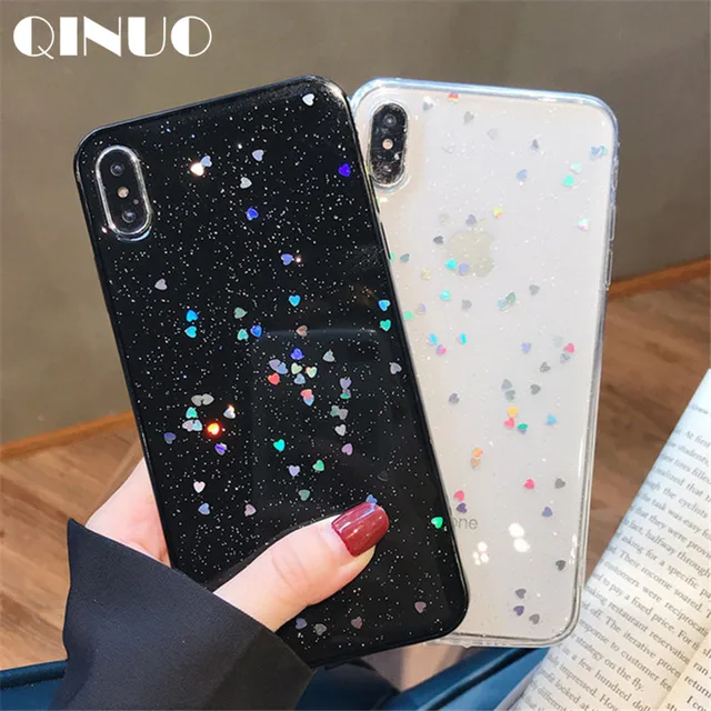 QINUO Cute Glitter Bling Case for iPhone 6 6s 7 8 Plus Glossy Epoxy Star Love Heart Clear Soft Case For iPhone X XS Max XR Cover