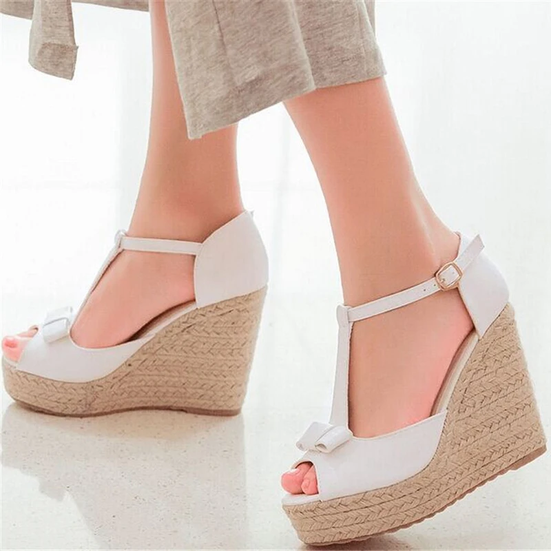 Summer Peep Toe Women Wedge Sandals Sweet Bow Straw Platform Lolita Shoes Ankle T-Strap High Heels Gladiator Sandals For Woman (2)