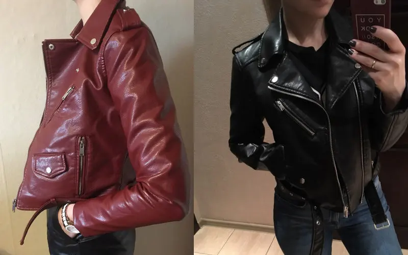 Women Wine Red Faux Leather Jackets Lady Bomber Motorcycle Coat