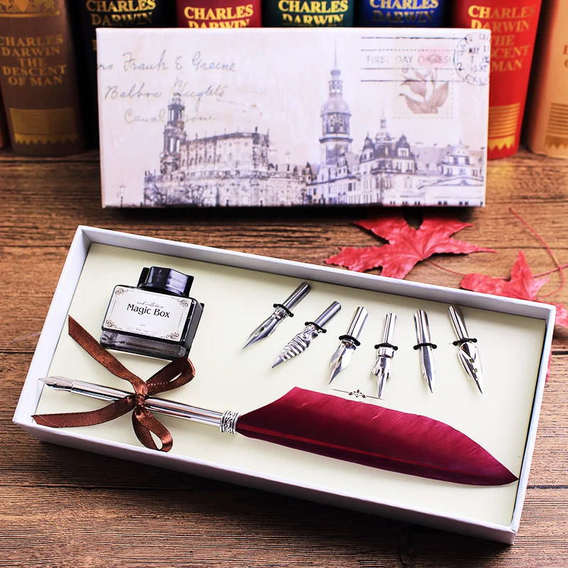 Vintage Colored Feather High quality Quill Dip Pen Writing Ink Set Stationery Gift Box with 6 Nibs Calligraphy Fountain Pen 5 pcs colored envelopes convenient postcard writing papers holders stationery invitation letter covers