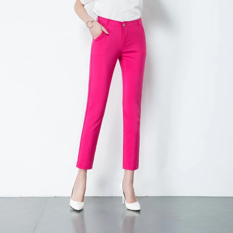 Новые модные женские элегантные OL Стрейчевые брюки большого размера, женские повседневные брюки с эластичной резинкой на талии, женские офисные хлопковые брюки - Цвет: mei red