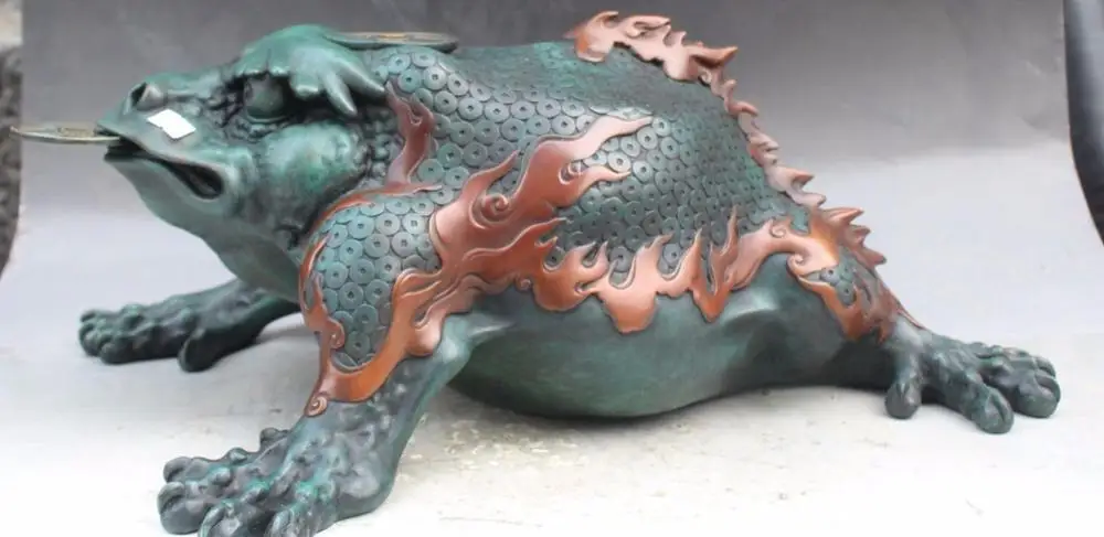 

21" Chinese FengShui Folk Bronze Wealth Coin Golden Toad Spittor Animal Statue