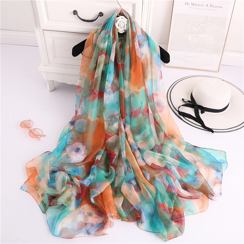 Дизайнерский брендовый женский шарф, летние шелковые шарфы, большие размеры, цветочный принт, хиджабы на шее, женские пашмины палантины, 7" x 55" - Цвет: YRS49-1
