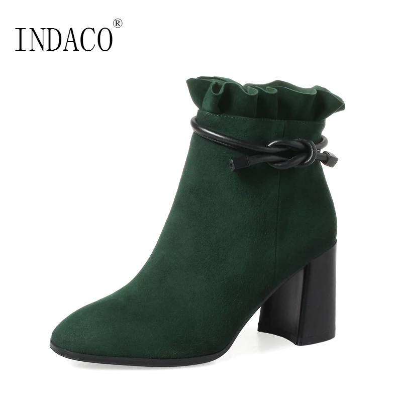 

Winter Suede Leather Boots Women Green Ruffles Ankle Boots 7cm Winter Boots Women Big Size 34-42