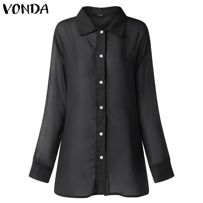 VONDA, женская блузка, сексуальная, с отворотом, на шее, с длинным рукавом, топ, весна-лето, пляжная одежда, Офисная рубашка, прозрачная, Просвечивающая, Blusas 5XL