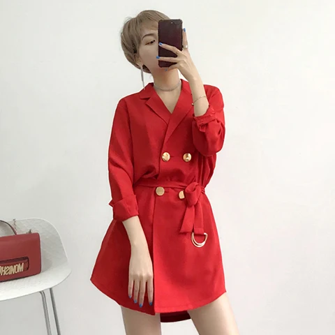 Корейский Весна Повседневное Для женщин блейзеры, длинный двубортный пояса Для женщин блейзер и куртки femme плюс Размеры AO532 - Цвет: Красный