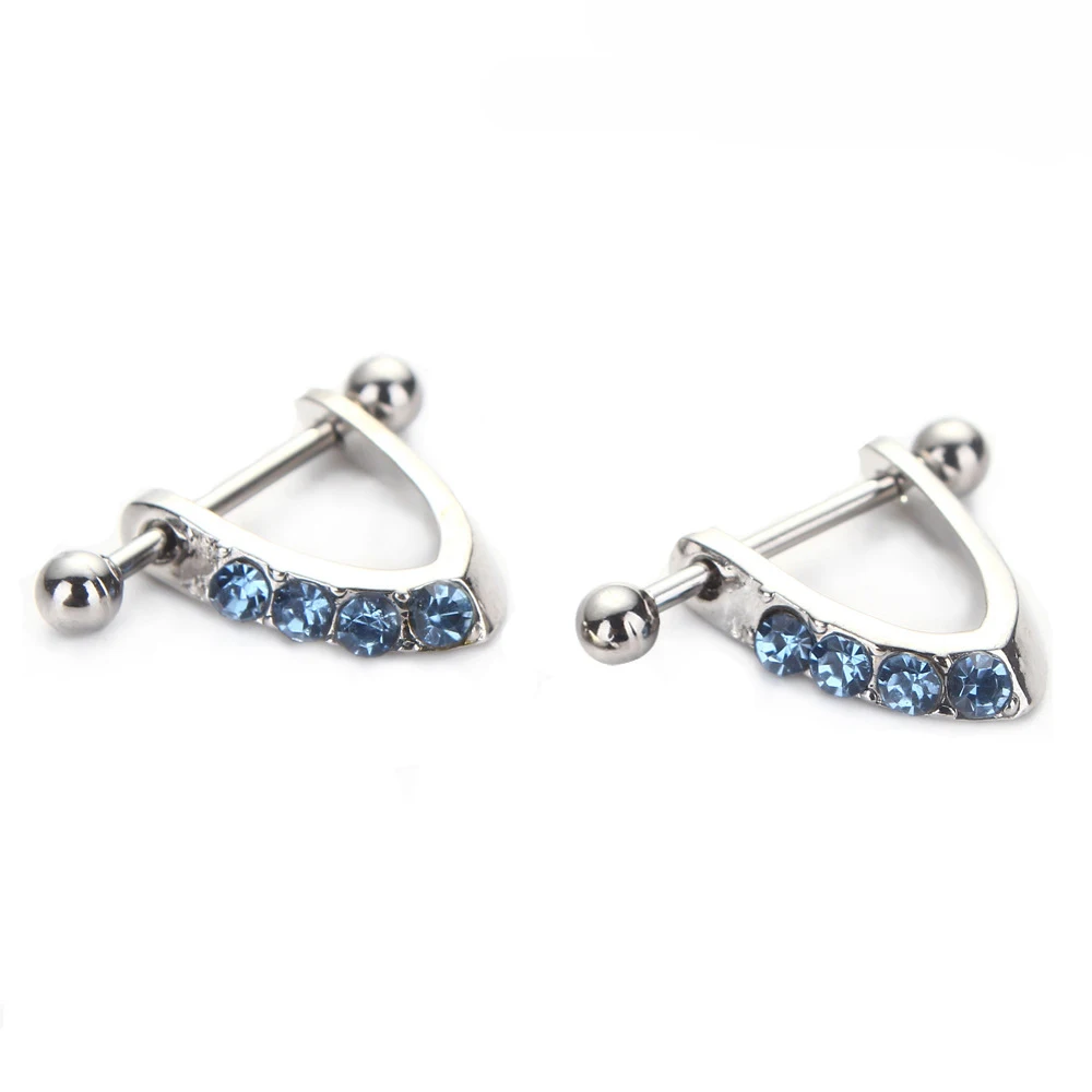 2PCS Nipple piercing16G Nipple Bars Ring V Shape Blue Rhinestone nipple