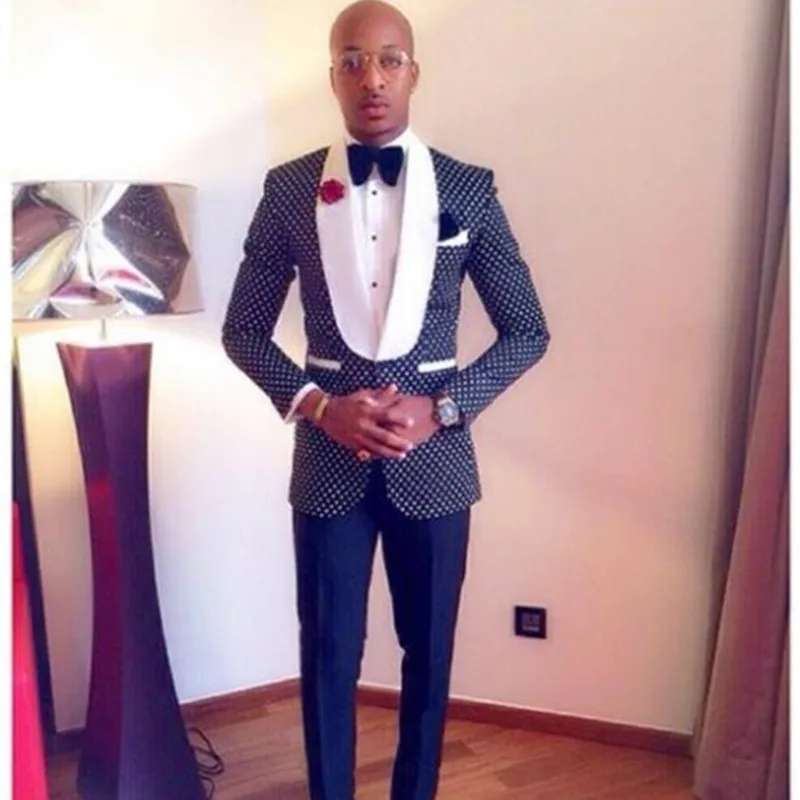 

2018 New Design Navy Blue Polka Dot Groom Tuxedos Groomsmen Shawl Lapel Best Man Wedding Prom Dinner Suits (Jacket+Pants)