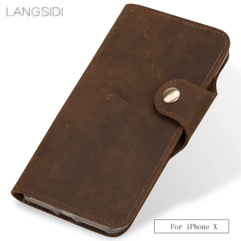 

LANGSIDI Genuine Leather phone case leather retro flip phone case for iPhone X handmade mobile phone case