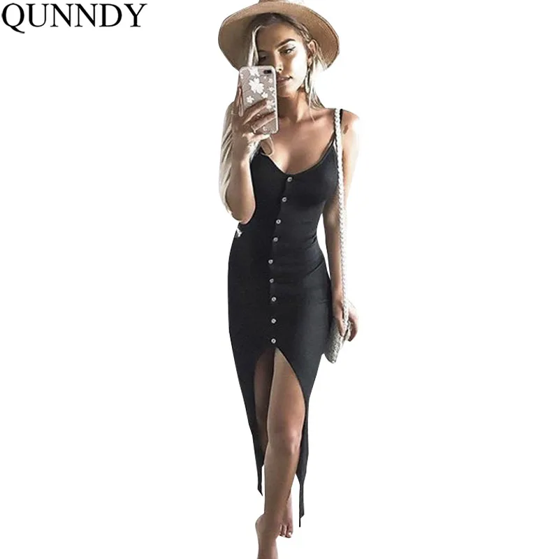 

Qunndy 2018 Summer Women Casual Dress Split Sexy Party Dresses Sleeveless Spaghetti Strap Straight Vestidos Female Clothes