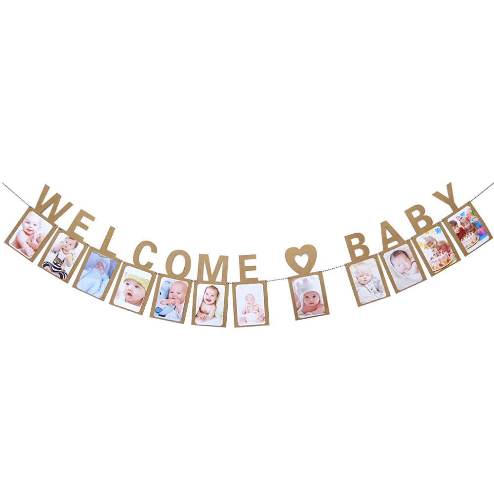 Babyshower 12 месяцы фоторамка баннер первый декорации с днем рождения 1st для маленьких мальчиков и девочек мой 1 год День рождения расходные материалы - Цвет: Brown welcome baby