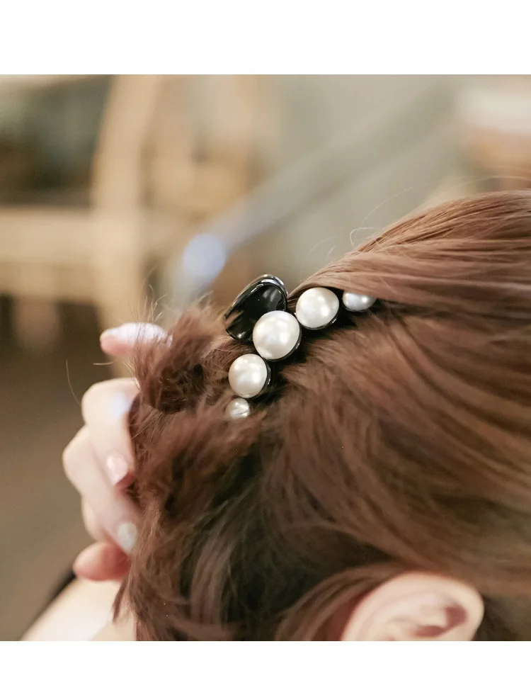 Модный корейский бренд заколка для волос для леди черный пластик простой коготь волос имитация жемчуга дизайн Краб для волос Топ Мини шпилька