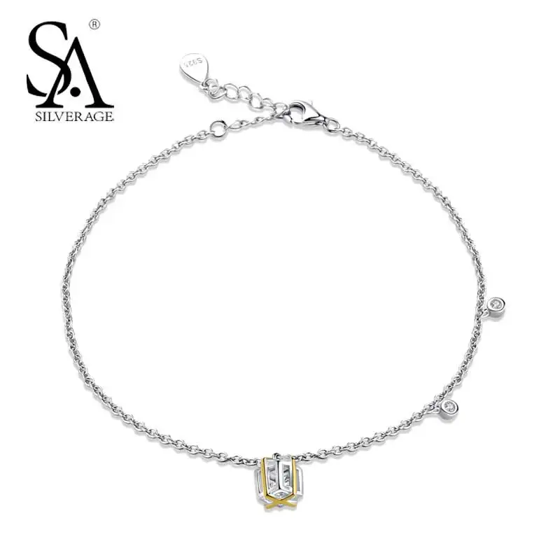 

SA SILVERAGE Real 925 Sterling Silver Anklets 2018 Fine Jewelry AAA CZ 18K Gold Silver Chains Anklets for Women Gift