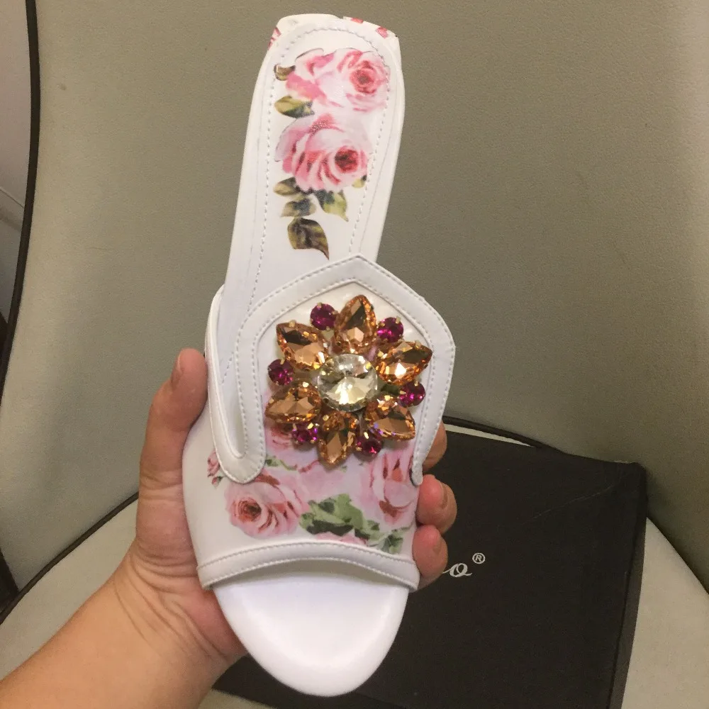 Newest Flower Printed Chunky Sandals Deep Toe Crystal High Heel Slipper Hot Sell Women Shoes Summer