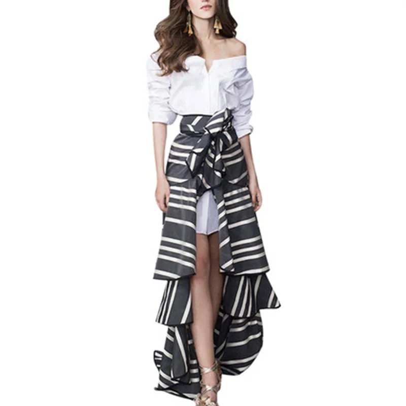 

Runway Stylish High Street Women Stunning Twin Sets Slash Neck White Shirt Ball Gown Asymmetrical Skirt Fashion Two Pieces Sets