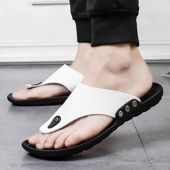 

2019 Summer Men Flip Flops Beach Men's Slippers Casual Office Top Quality Leather Male Footwear Sea Water Shoes Big Size 44