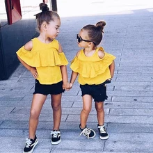 ST418, летний модный комплект одежды из 2 предметов для девочек, желтые Топы+ черные шорты, повседневный костюм для девочек, одежда для детей 2-7 лет