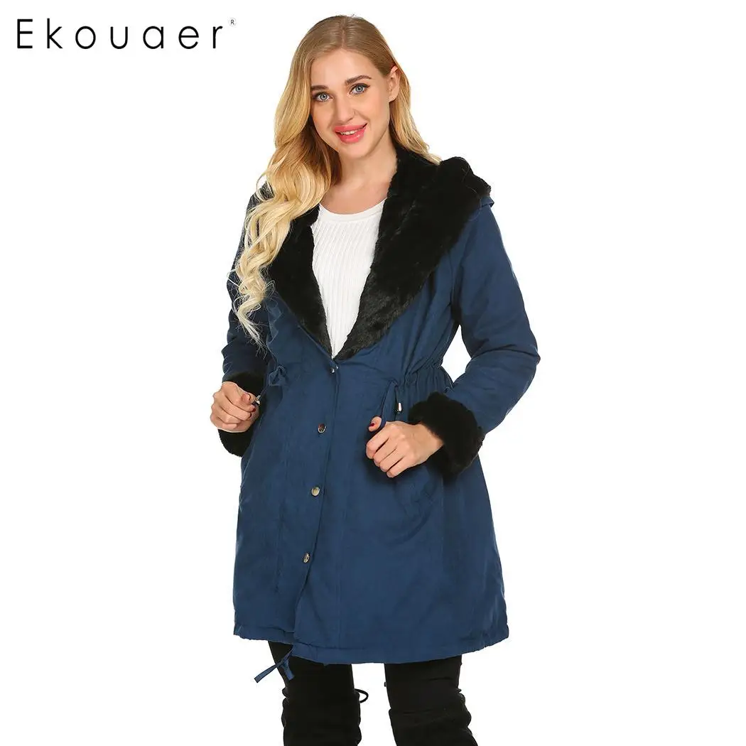

Ekouaer Womens Parka Winter Warm Outerwear Hooded Long Sleeve Solid Thick Coats Faux Fur Lining Overcoat Coat S-XXL Size