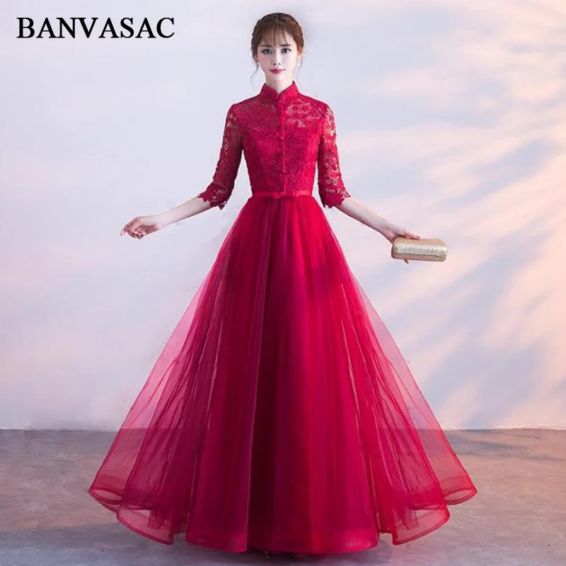 

BANVASAC 2018 High Neck Cut Out Lace Embroidery Long Evening Dresses Vintage A Line Bow Sash Party Prom Gowns