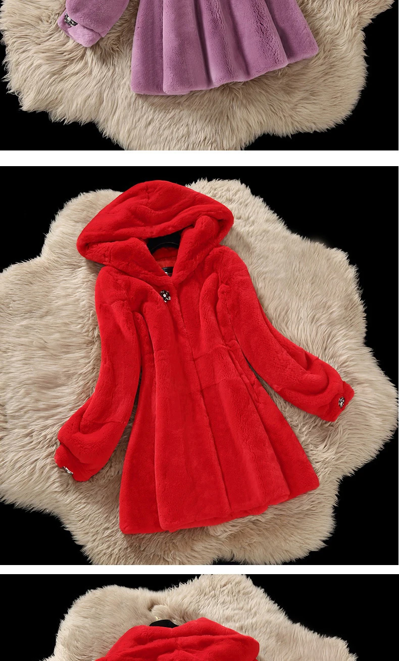 Утепленная теплая меховая шуба уличная одежда с натуральным кроликом Рекс Женские зимние меховые куртки с капюшоном, украшенные камнями, с длинными рукавами кожаные пальто