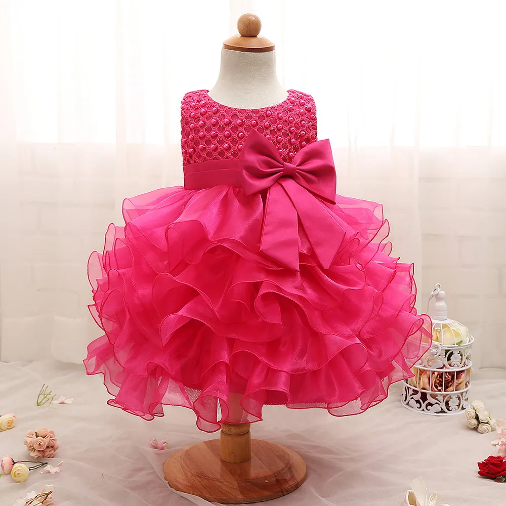 Платья для новорожденных девочек; Детские платья на крестины с бантом и бусинами; От 0 до 2 лет платье на день рождения; Vestidos Infantil; наряды принцессы - Цвет: Rose Red