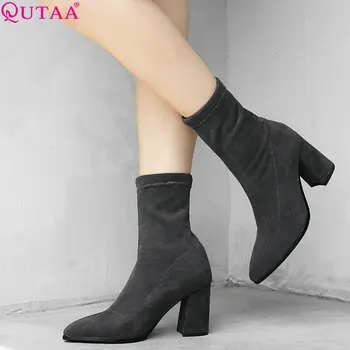 

QUTAA 2020 Women Boots Sock Boots Knitting All Match Pointed Toe All Match Platform Slip on Women Mid Calf Boots Size 34-42