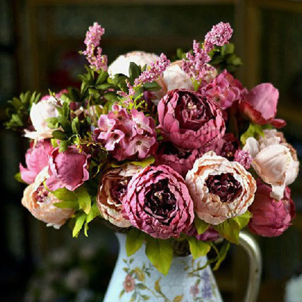 Fashion Artificial Bridal Bouquet Peony Silk Flowers Fake Leaf Home