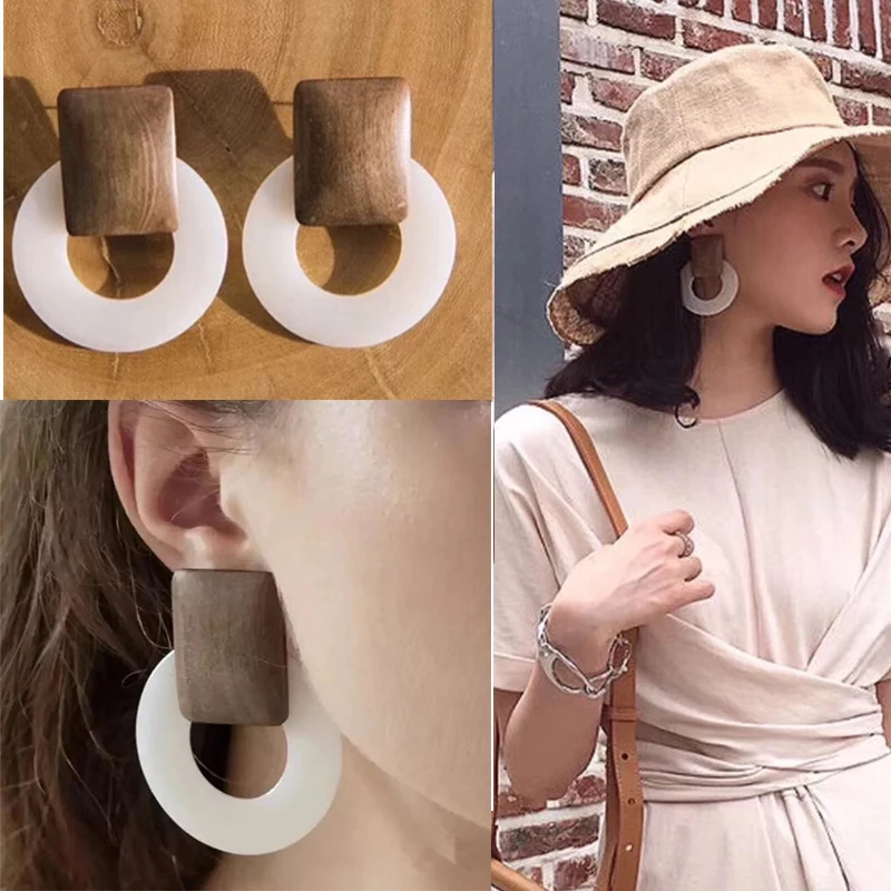 

Personality Fashion Big Drop Earrings for Women Acrylic Wooden Resin Clear Round Hollow Antique 2019 Geometric Long Earrings