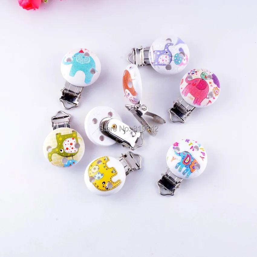 

10 Baby Pacifier Clips Mixed Pattern Elephant White Wood Metal Holders Cute Infant Soother Clasps Funny Accessories 4.4x2.9cm