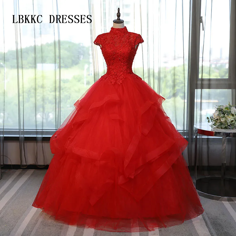 Puffy Red Quinceanera Dresses Backless High Neck Tulle Masquerade Sweet