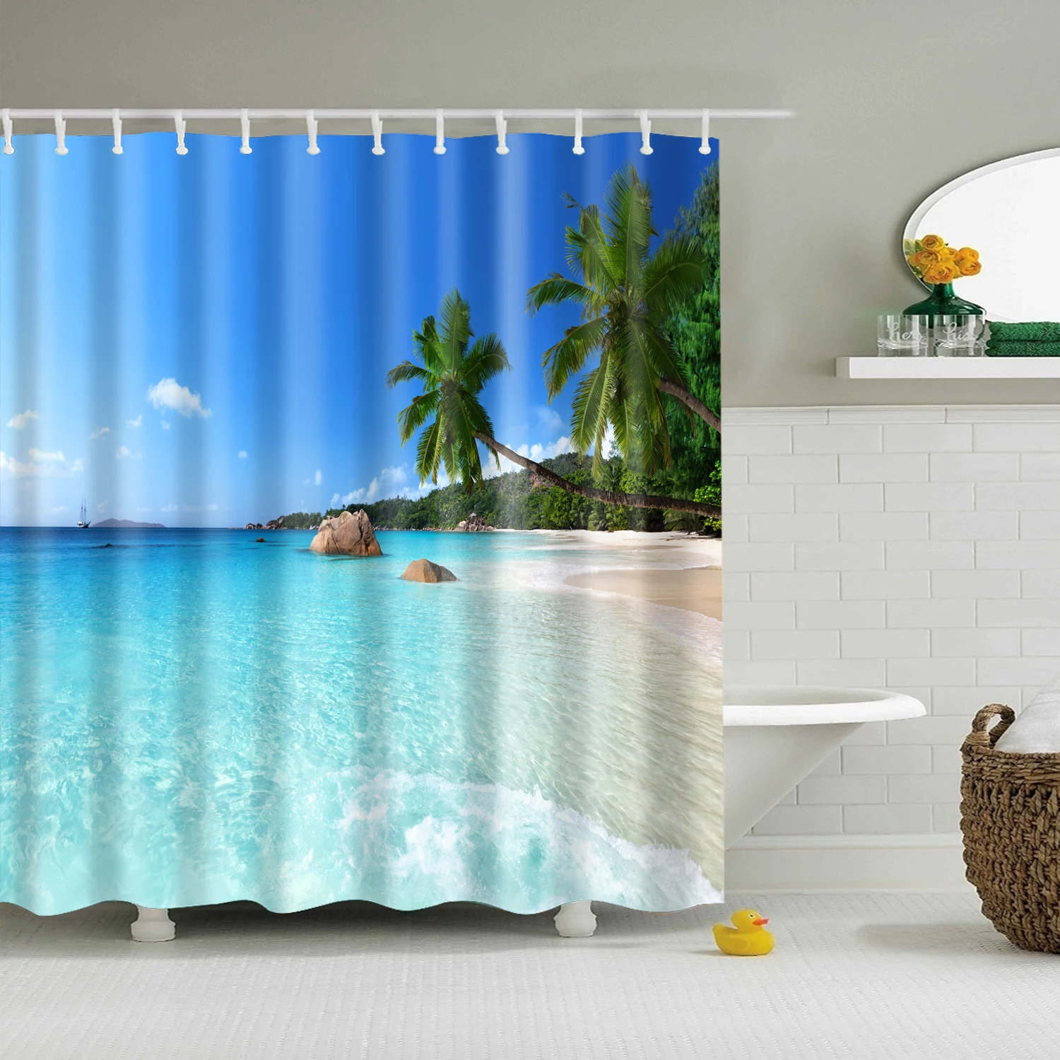 Blue Sky sea Landscape False window Shower Curtain wash Bathroom shower Waterproof Mildewproof Decor with hooks 180x200 cm large - Цвет: TZ170905