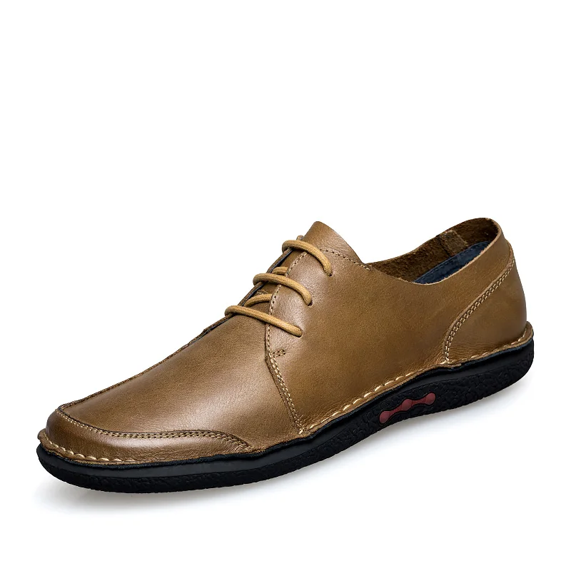 

Genuine Leather Men Shoes Casual Breathable Soft Men Loafers Lace Up Khaki Brown High Quality