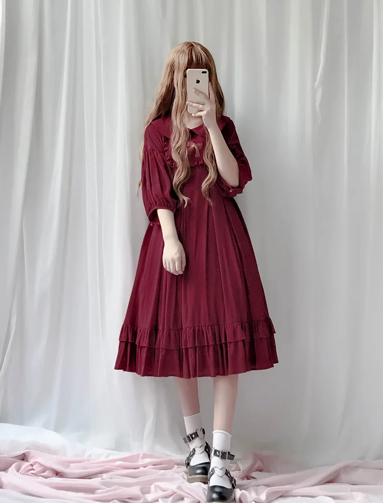 Cute Women's Lolita Dress Vintage Puff Sleeve Long Dress Bow Embroidery Peter Pan Collar Ruffle Loose OP Dress Summer 5 Colors