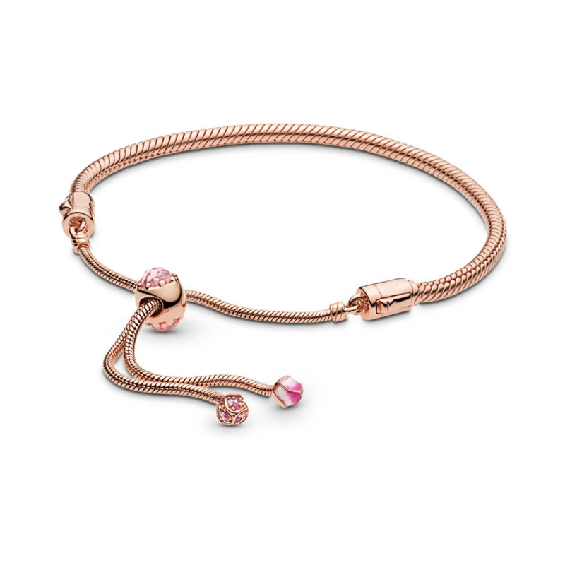 

Pink CZ Peach Blossom Flower Sliding Bracelets Adjust Chain Rose Golden Charms Bracelets for Women Smooth Sake Chain Bracelets
