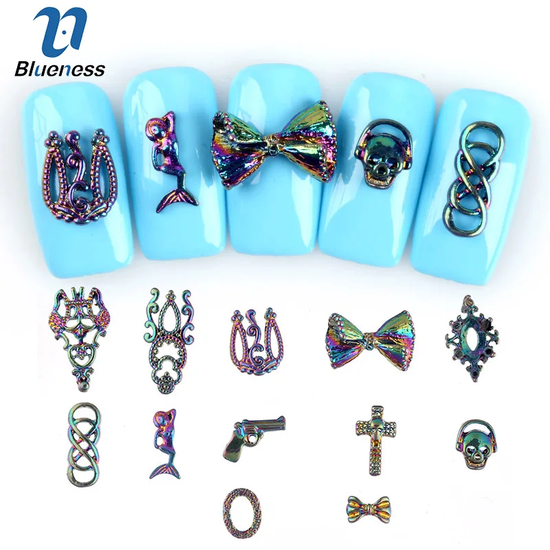 

Blueness 12Pcs/Set Plating Laser Colorful Rhinestones Nails Metal Studs Bow Skull Round Mix Design Manicure Nail Art Decorations