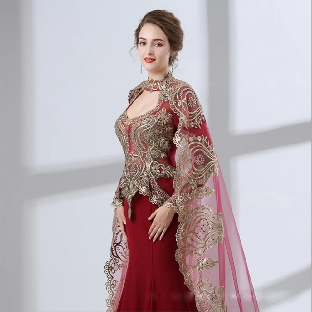 ANTI Saudi Arabic Burgundy Mermaid Evening Dress Long Detachable shawl Robe De Soiree 2019 Dubai Turkish Long Sleeve For Woman ANTI Saudi Arabic Burgundy Mermaid Evening Dress Long Detachable shawl Robe De Soiree 2019 Dubai Turkish Long Sleeve For Woman