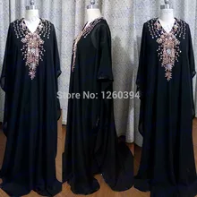 Real Sample Schwarz Chiffon Gold-perlen Langarm Gerade Lange Abschlussball-kleid-abend-kleid 2015 Neue Dubai Kaftan Abaya